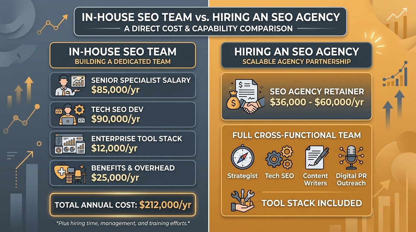 Financial comparison infographic showing $212,000 in-house cost versus $36,000-$60,000 agency retainer