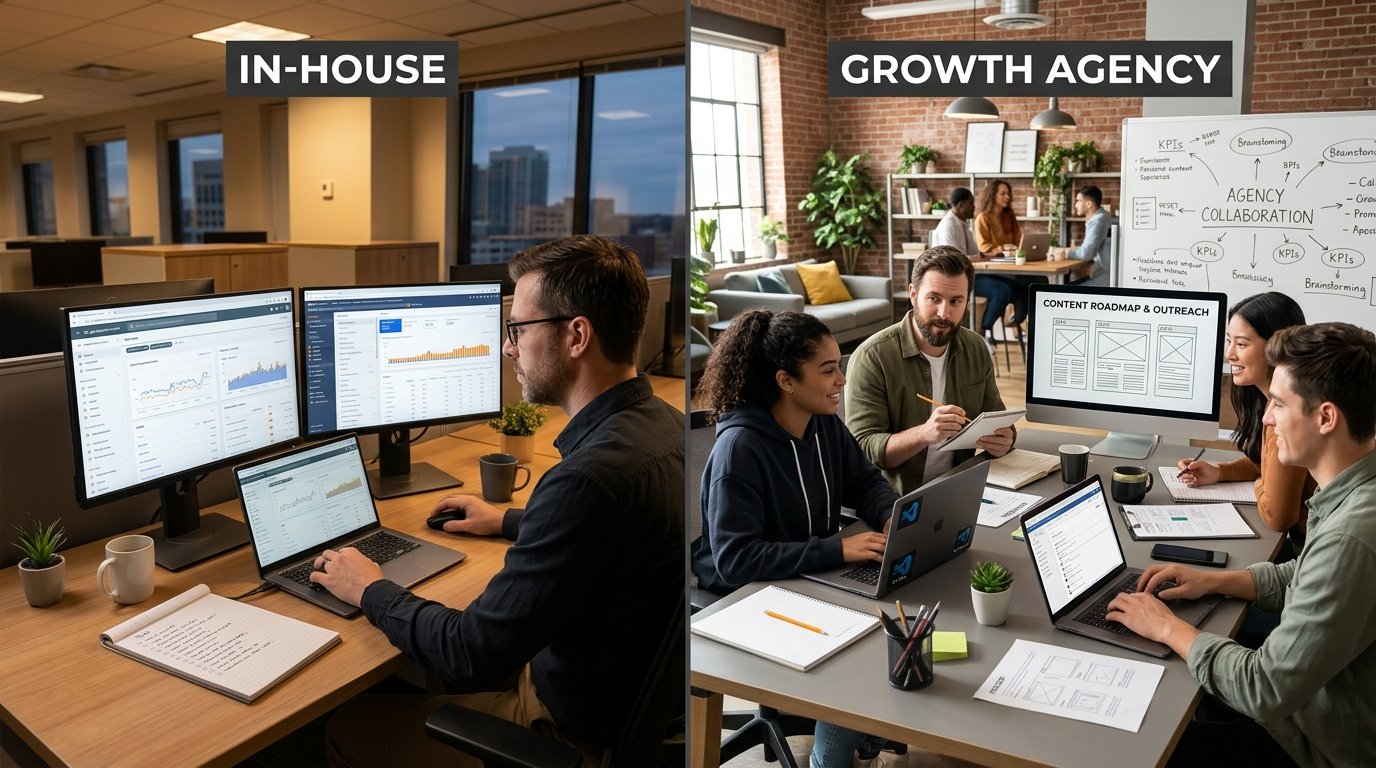 Comparison between an isolated in-house marketer and a collaborative full-stack growth agency team