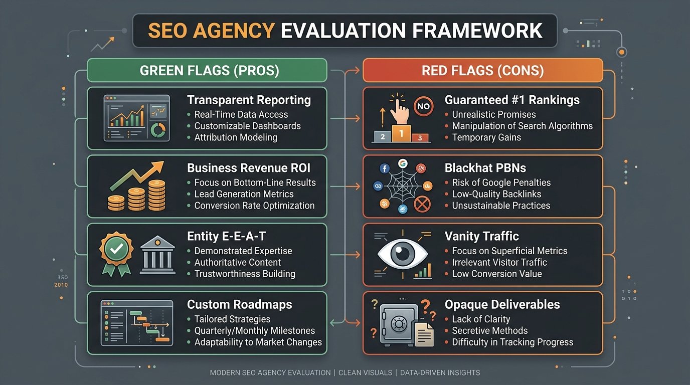 SEO Agency Evaluation Framework showing green flags and red flags when vetting digital marketing vendors